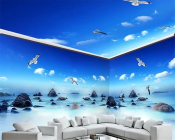 

beibehang Thicken Three-dimensional Wallpaper Beautiful Sea Stone Blue Sky White Cloud Whole House Theme Space Background behang