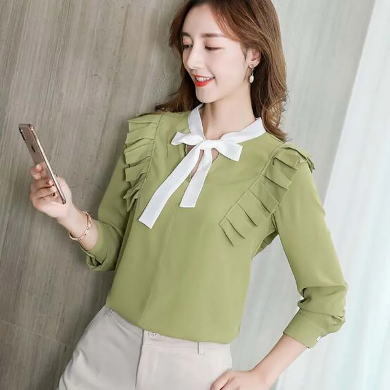 Women blouse 2019 long sleeve chiffon women's shirt bow ruffles women clothing purple and green color OL feminine blouse NS4313
Women blouse 2019 long sleeve chiffon women's shirt bow ruffles women clothing purple and green color OL feminine blouse NS4313