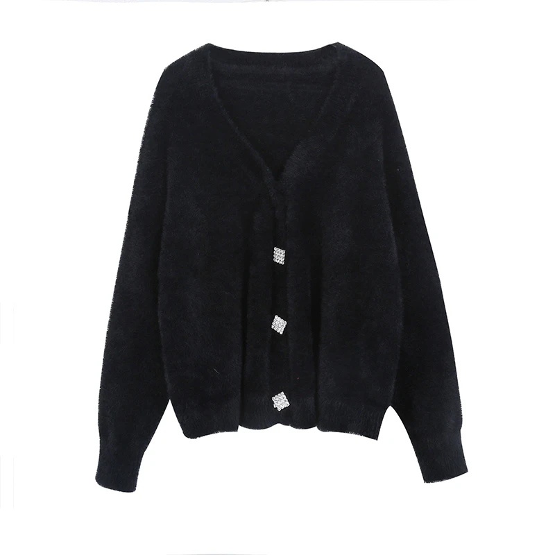 PERHAPS U Women black white solid v neck diamond button knitted loose sweater cardigans mohair M0044
PERHAPS U Women black white solid v neck diamond button knitted loose sweater cardigans mohair M0044
