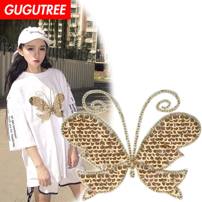 

GUGUTREE embroidery Sequins big buttlefly patches animal patches badges applique patches for clothing XC-16