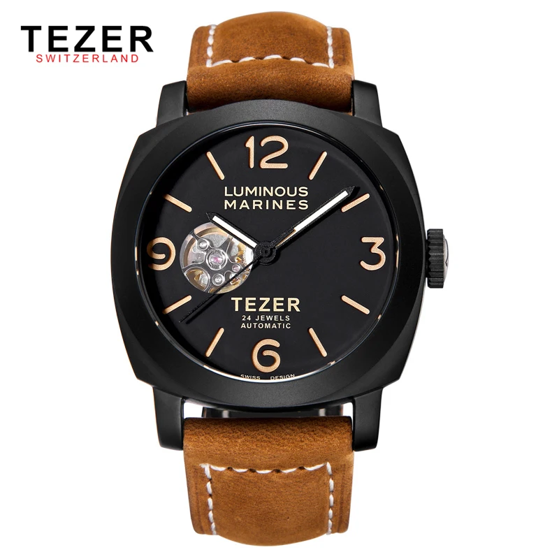 TEZER Men's Mechanical Watch w/ Leather Band 50M Waterproof