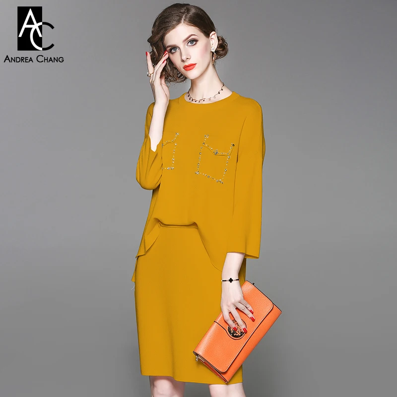 autumn winter woman clothing set black yellow beige knitted suit beading chest pockets waist button sweater + skirt office suit
autumn winter woman clothing set black yellow beige knitted suit beading chest pockets waist button sweater + skirt office suit