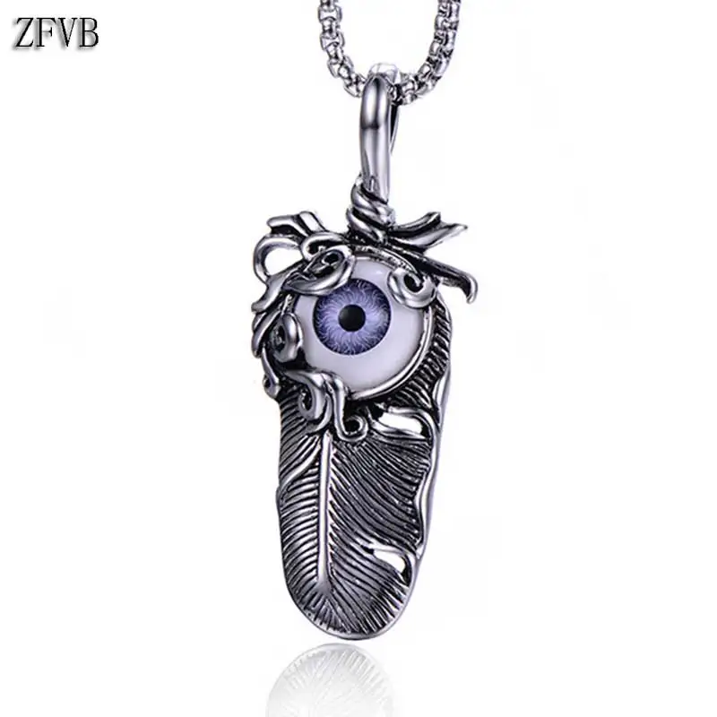 Фото ZFVB Punk Feather Eye Necklaces Men's 316L Stainless Steel Vintage Silver color Leaf Necklace Pendants Statement Jewelry Bijoux |