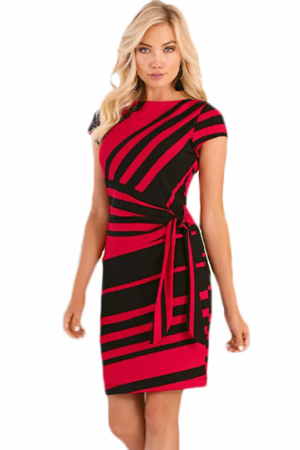 Red-Black-Stripe-Knot-Sheath-Dress-LC61657-3-1