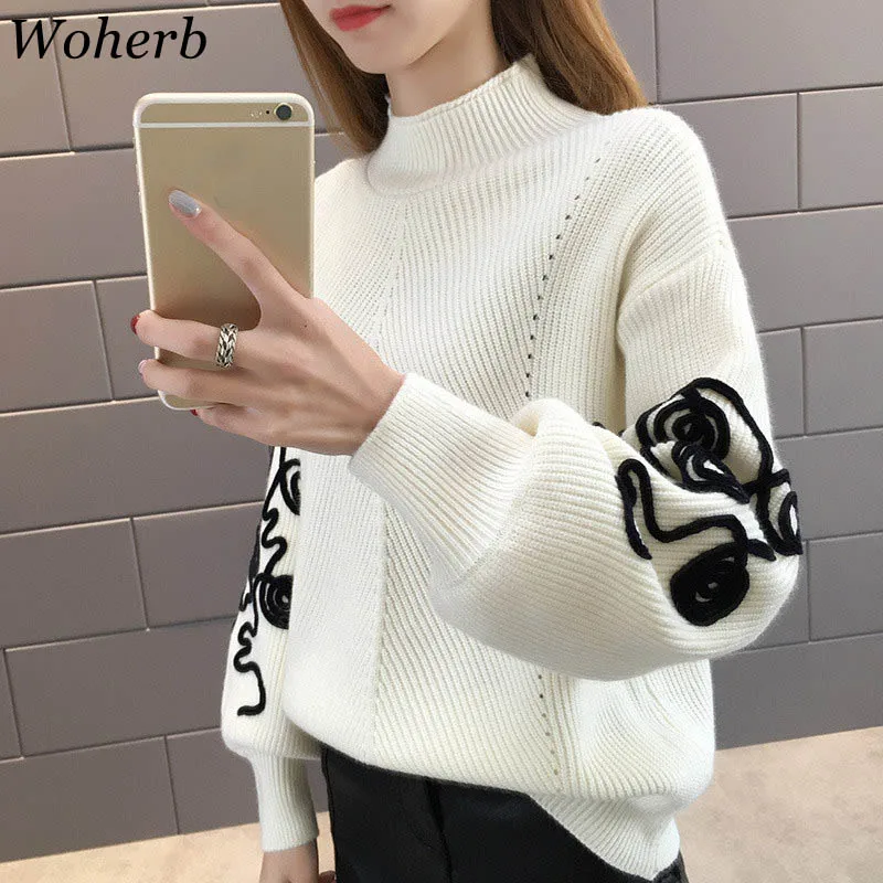 Woherb Winter Knitted Sweater Women Casual Turtleneck Pullover Elegant Embroidery Lantern Sleeve Tops Jumper Pull Femme 20523
Woherb Winter Knitted Sweater Women Casual Turtleneck Pullover Elegant Embroidery Lantern Sleeve Tops Jumper Pull Femme 20523