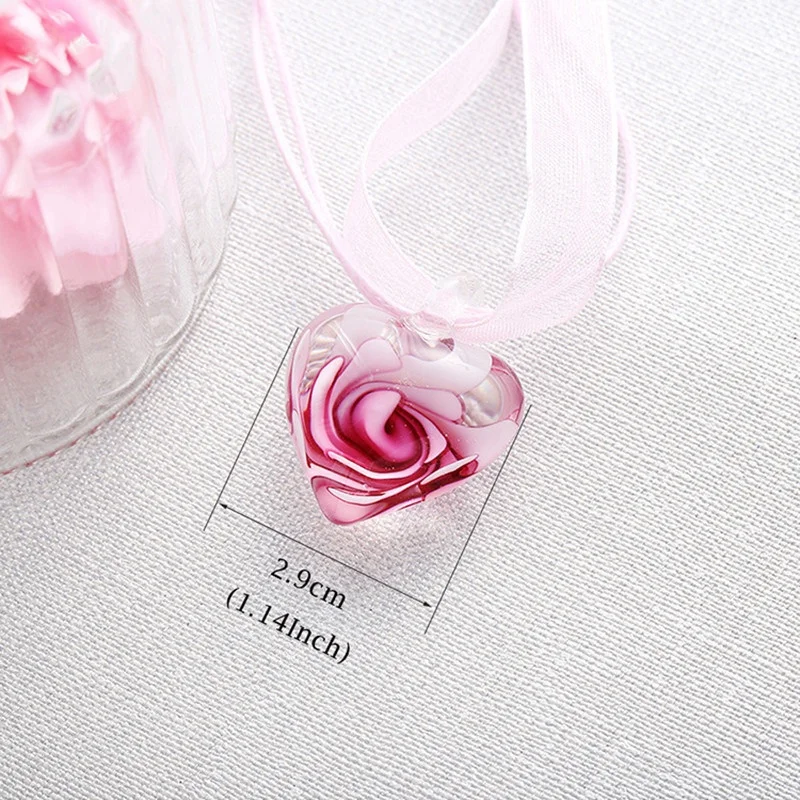 Handmade Luxury Love Heart Necklace Glass Blown Flower Inlaid Spiral Ribbon*