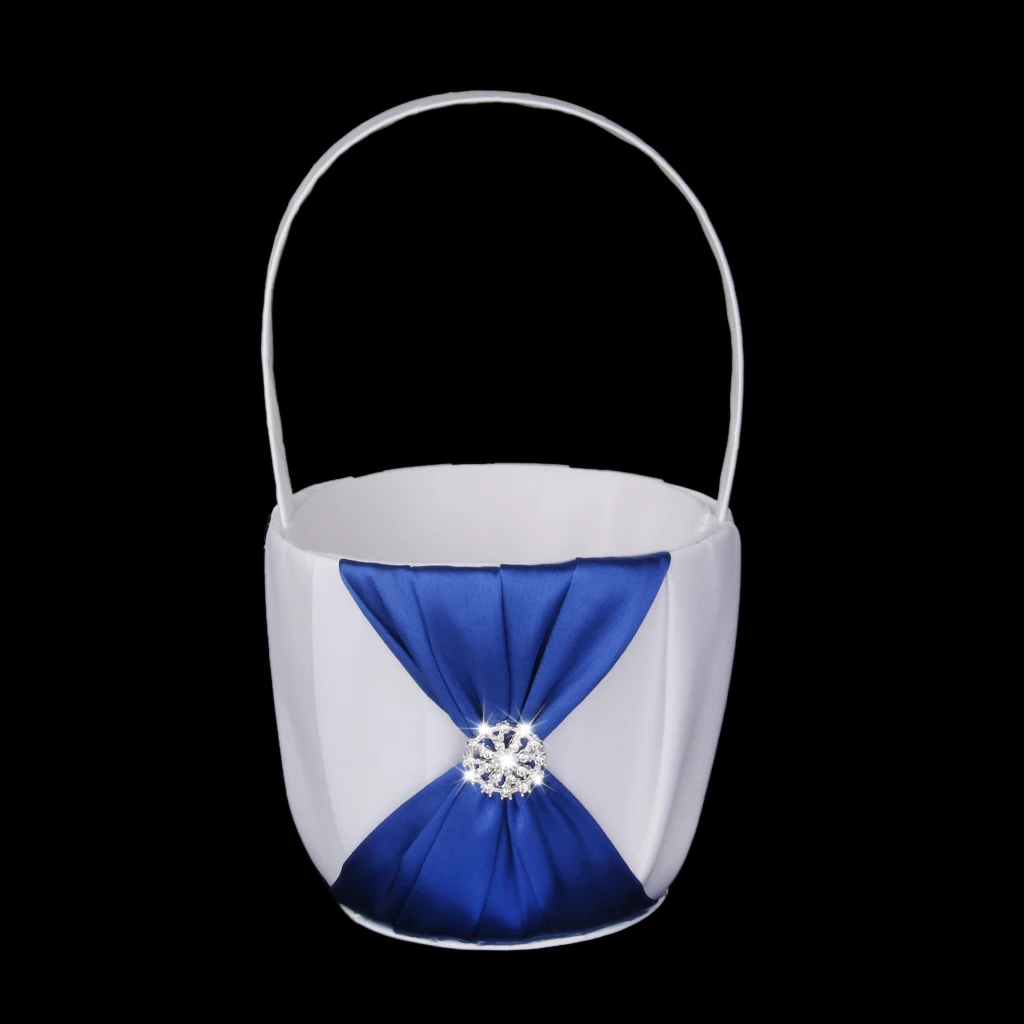 White Wedding Flower Girl Basket With Royal Blue Satin Diamante Bowknot Flower Pots
