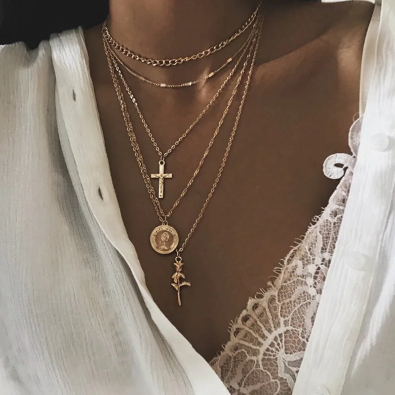 Bohemian-Multi-layer-Star-Moon-Necklace-Women-Vintage-Necklace-Fashion-Layered-Cross-Rose-Flower-Pendant-Jewelry