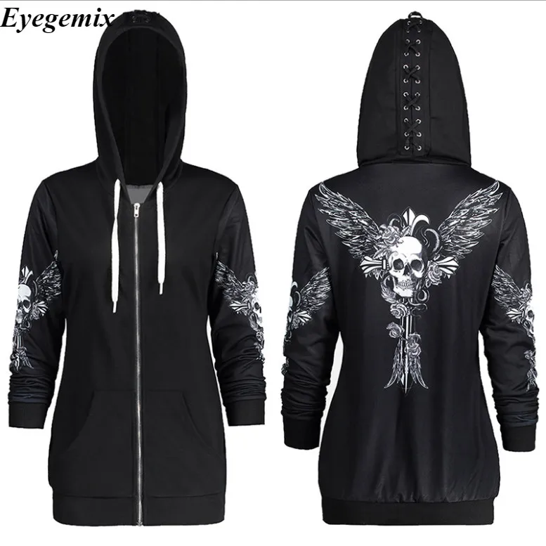 Casual Halloween Hoodies Sweatshirt Women Lace Up Hat Skull Wings Print Zip Up Hoodie Punk Style Femme Hooded Pullover Women Top
Casual Halloween Hoodies Sweatshirt Women Lace Up Hat Skull Wings Print Zip Up Hoodie Punk Style Femme Hooded Pullover Women Top