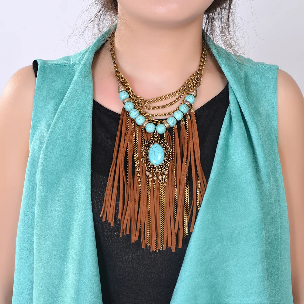 Bohemian fringe necklace women Boho vintage silver Neck Dramatic Suede Long Tassel Chain Resin Turquoise pendant Ethnic Necklace
Bohemian fringe necklace women Boho vintage silver Neck Dramatic Suede Long Tassel Chain Resin Turquoise pendant Ethnic Necklace