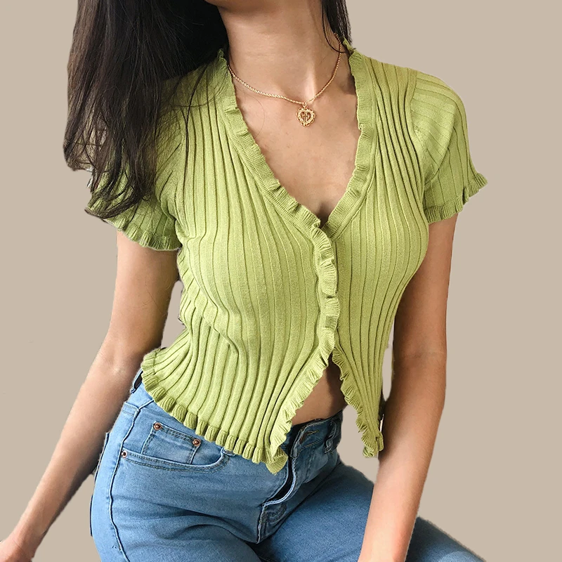 2019 Spring Summer Women Ruffle Trim Crop Knitted Short Sleeves Cardigans with Buttons Deep V Neck Crop Knit Jumpers 8 Colors
2019 Spring Summer Women Ruffle Trim Crop Knitted Short Sleeves Cardigans with Buttons Deep V Neck Crop Knit Jumpers 8 Colors