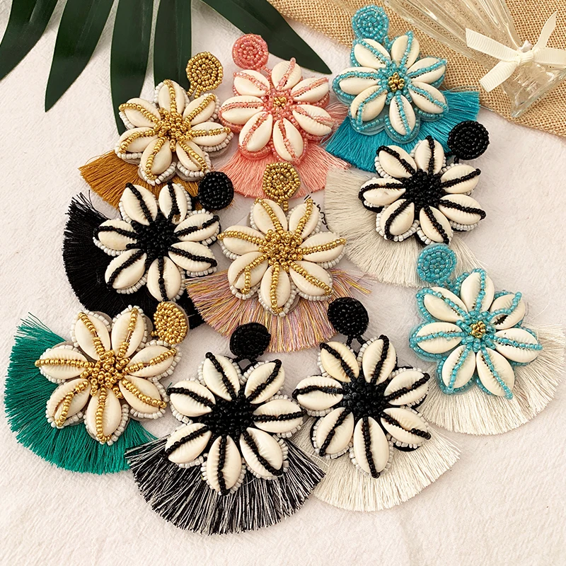 Long Tassel Bohemia Shell Flower Drop Earring Women Handmade Girls Party Gift Statement Vintage Bead Eye Crystal Jewelry | Украшения и