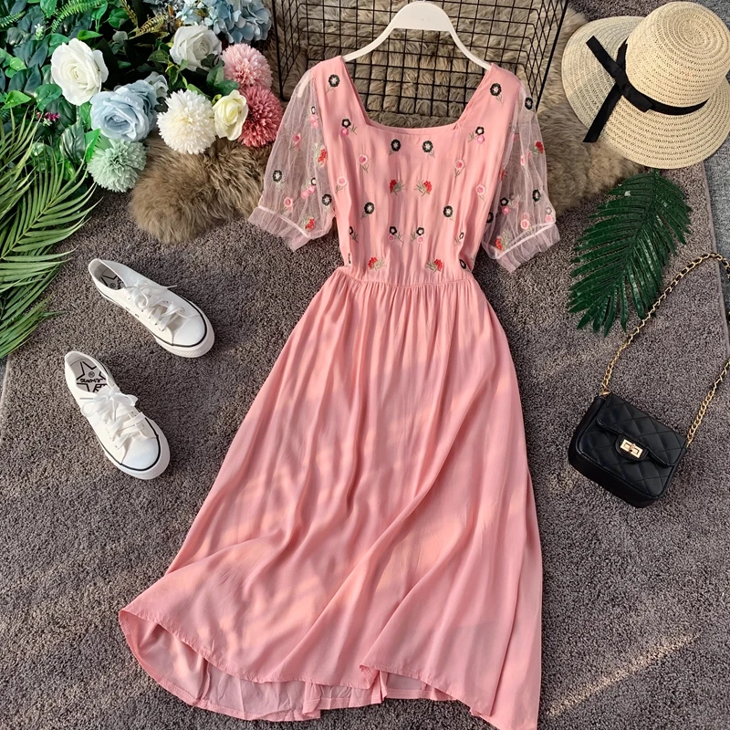 Sweat Embroidery Short-sleeve Square Collar Loose Women's Summer Pure Color A-line Dress Elegant Vestidos H569
Sweat Embroidery Short-sleeve Square Collar Loose Women's Summer Pure Color A-line Dress Elegant Vestidos H569