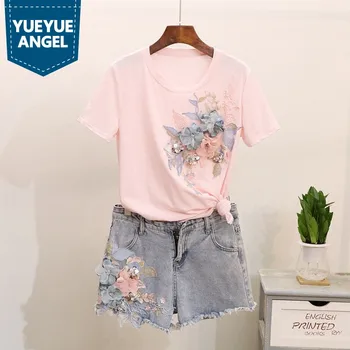 Summer Womens New Embroidery Sequined Floral T-shirts Streetwear Tassel Zipper Short jeans Female Tops+Shorts Two Piece
Summer Womens New Embroidery Sequined Floral T-shirts Streetwear Tassel Zipper Short jeans Female Tops+Shorts Two Piece