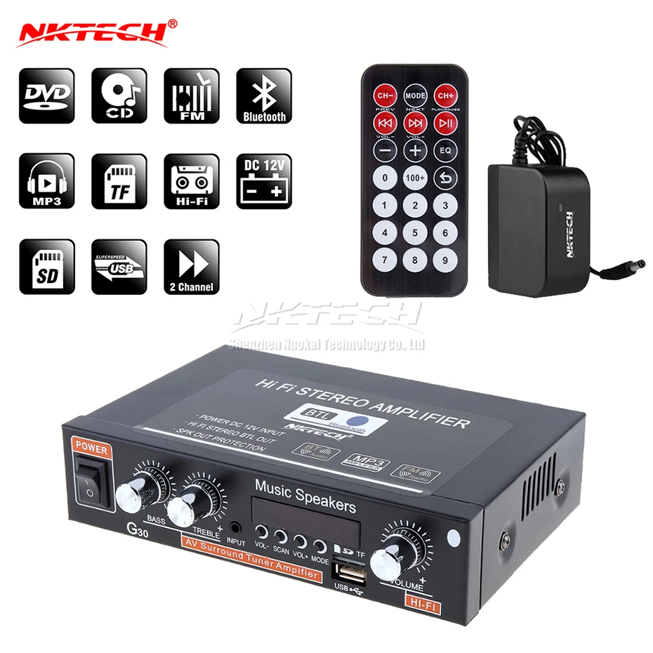 Усилитель мощности NKTECH Bluetooth цифровой аудиоплеер 2x18 Вт динамик IR Hi Fi стерео FM DVD SD
