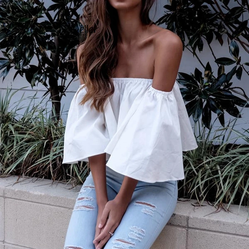 

Summer Style White Crop Top Women Ruffles Cropped Beach Slash Neck blusa Blouse Casual Sexy ropa mujer veste femme Boho Gypsy