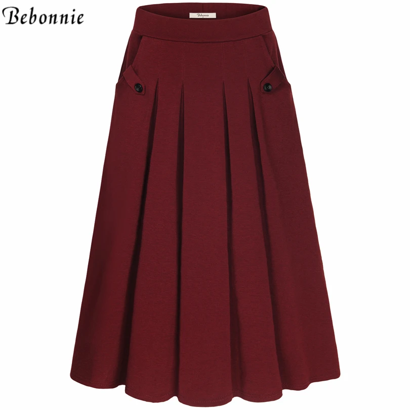 Image Plus Size Skirt Womens High Waisted Skirts With Pockets Bottoms Pleated Skirt Red Grey Black 2017 Summer Femme Casual Skirts
