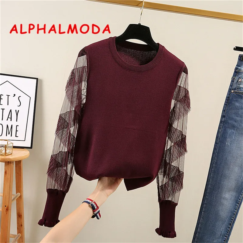 ALPHALMODA вязаный джемпер с оборками и кружевным рукавом в стиле пэчворк женские