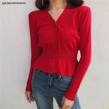 

Qiukichonson Womens Cardigan Long Sleeve Knitwear 2018 Retro V-Neck Ladies Knitted Cardigan Short Ruffle Waisted Peplum Tops Red