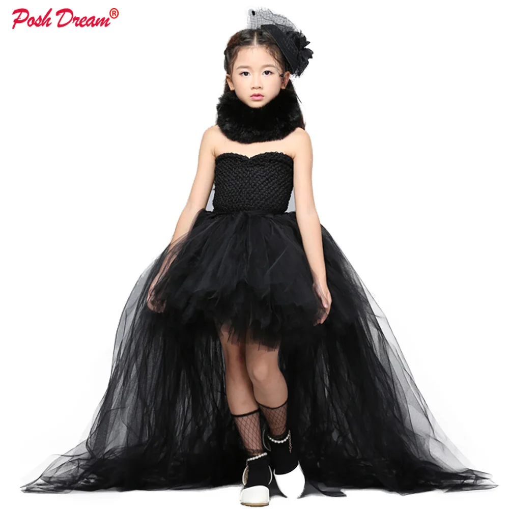

POSH DREAM Black Shoulderless Children Kids Party Clothes with Train Tulle Vintage Black Toddler Baby Girls Halloween Costume