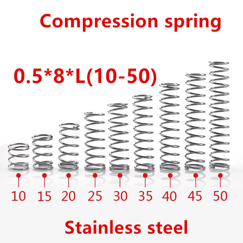 50pcs/lot 0.5*8*10/15/20/25/30/35/40/45/50mm spring 0.5mm stainless steel Micro small Compression spring
50pcs/lot 0.5*8*10/15/20/25/30/35/40/45/50mm spring 0.5mm stainless steel Micro small Compression spring