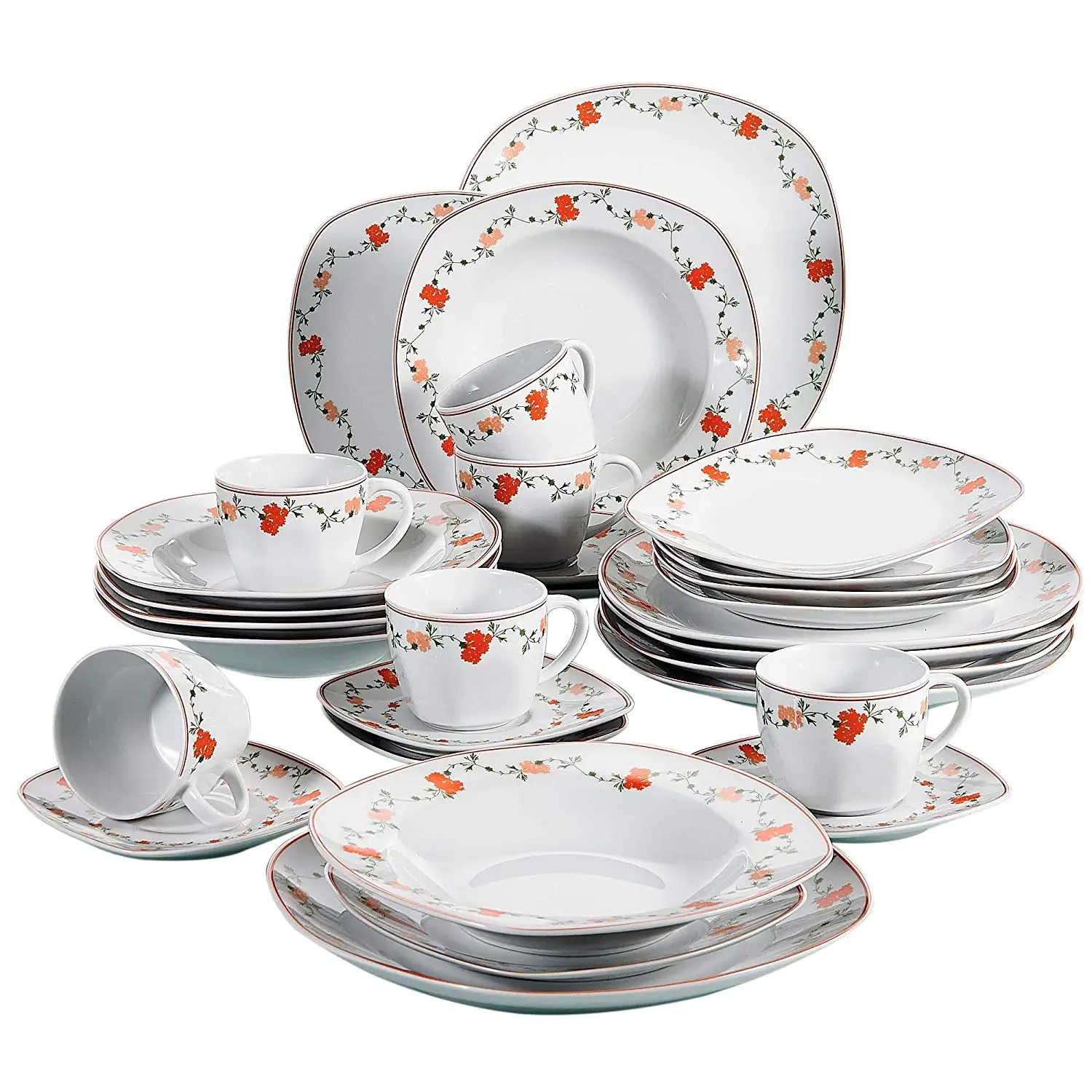 VEWEET GLORIA 30-Piece Porcelain Flower Pattern Plate Tableware Set with Dessert Plate/Soup Plate/Dinner Plate/Cups/Saucers Set
VEWEET GLORIA 30-Piece Porcelain Flower Pattern Plate Tableware Set with Dessert Plate/Soup Plate/Dinner Plate/Cups/Saucers Set