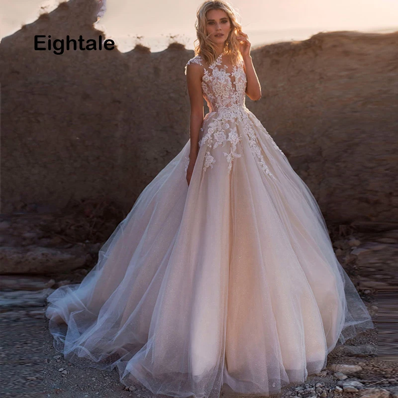 Eightale Boho Wedding Dresses Princess Scoop Illusion Lace Applique A Line Sleeveless Tulle Dress Bridal Gown with Back Buttons
Eightale Boho Wedding Dresses Princess Scoop Illusion Lace Applique A Line Sleeveless Tulle Dress Bridal Gown with Back Buttons