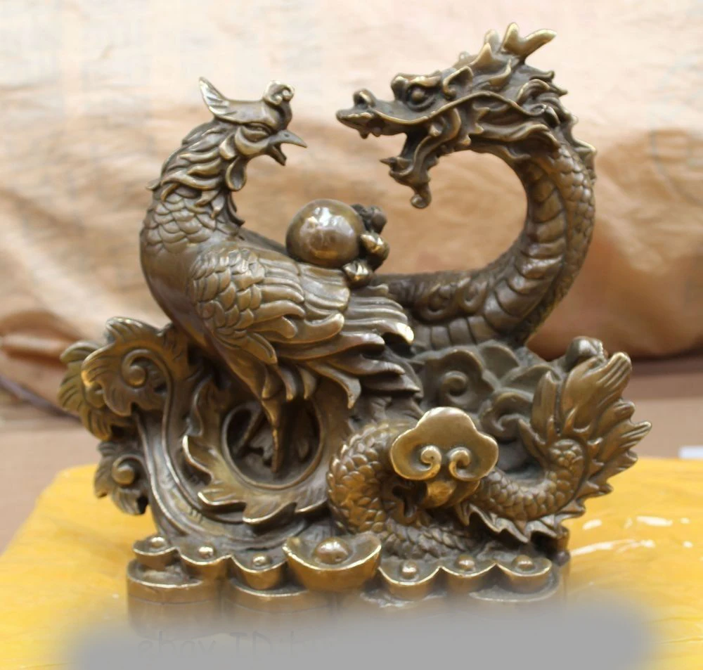 11" Chinese Fengshui Folk Bronze Dragon Phoenix Play Bead Auspicious Statue