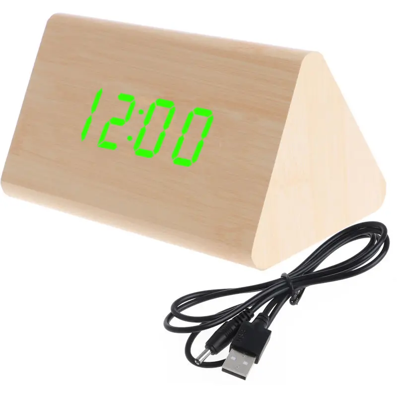 Shellhard Useful LED Display Sound Voice Control Alarm Clocks Snooze Simple Wooden Desk Clock with USB Cable for Home Bedroom