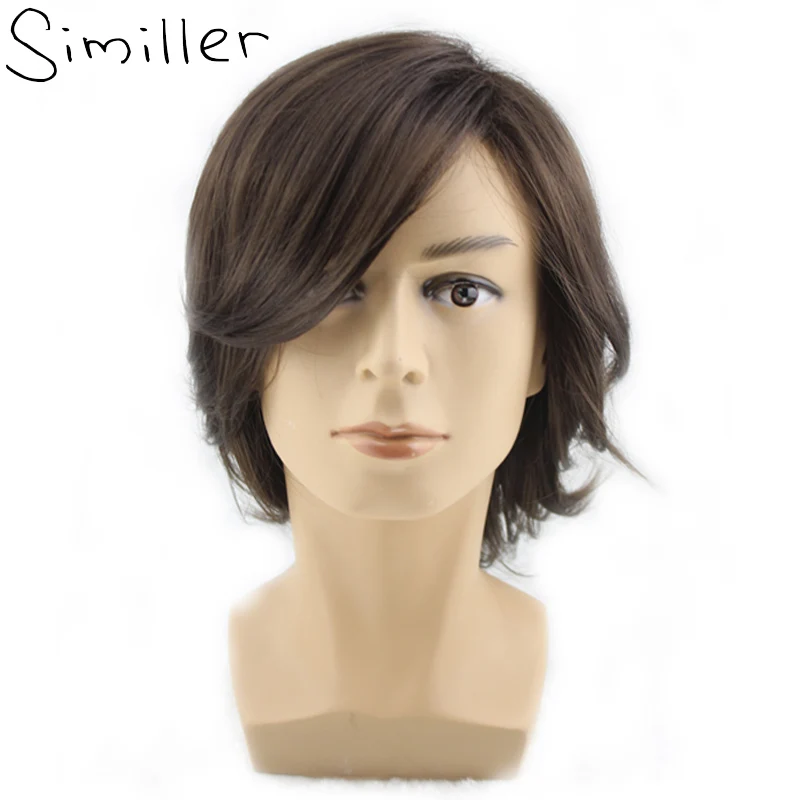 

Similler Men's Short Style Wavy Bouncy Side Swept Fringe Bang Hairstyle Dark Brown Color Hair Wig
