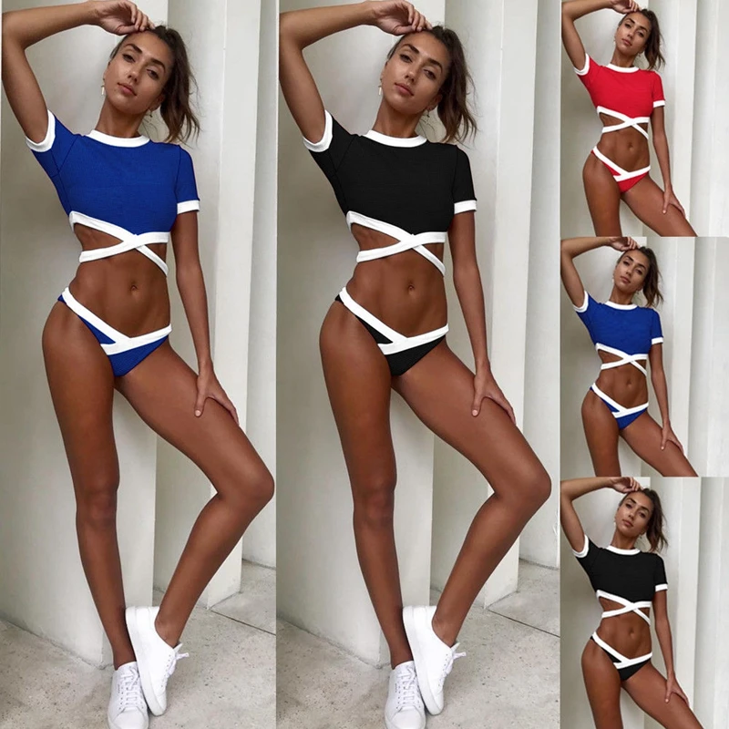 Womens O Neck Short Sleeve Activewear Bikini Thong Bottom G-string Swimwear Sport Bra Sets
Womens O Neck Short Sleeve Activewear Bikini Thong Bottom G-string Swimwear Sport Bra Sets