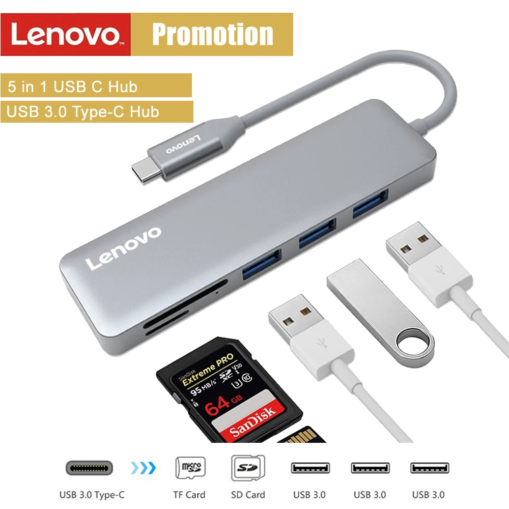 Lenovo 5-in-1 USB Hub 3.0 Type-C to 3 Ports USB 3.0 Hub Adapter USB-C Data Hub Ultra Slim 5Gbps Converter SD / TF Card Reader
Lenovo 5-in-1 USB Hub 3.0 Type-C to 3 Ports USB 3.0 Hub Adapter USB-C Data Hub Ultra Slim 5Gbps Converter SD / TF Card Reader