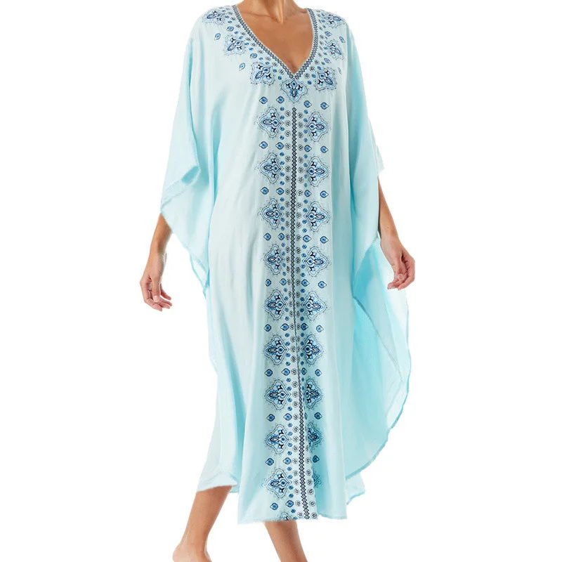 Plus Size Women Clothes 2019 Summer Cloak Sleeve V-neck Symmetrical Embroideried Loose Maxi Dress Oversized Kaftan Dress 
Plus Size Women Clothes 2019 Summer Cloak Sleeve V-neck Symmetrical Embroideried Loose Maxi Dress Oversized Kaftan Dress