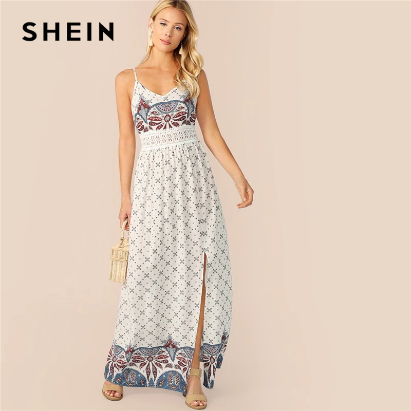 

SHEIN Boho White Lace Insert Paisley Print Split Maxi Cami Summer Maxi Dress Women Fit and Flare Folk Style High Waist Dresses