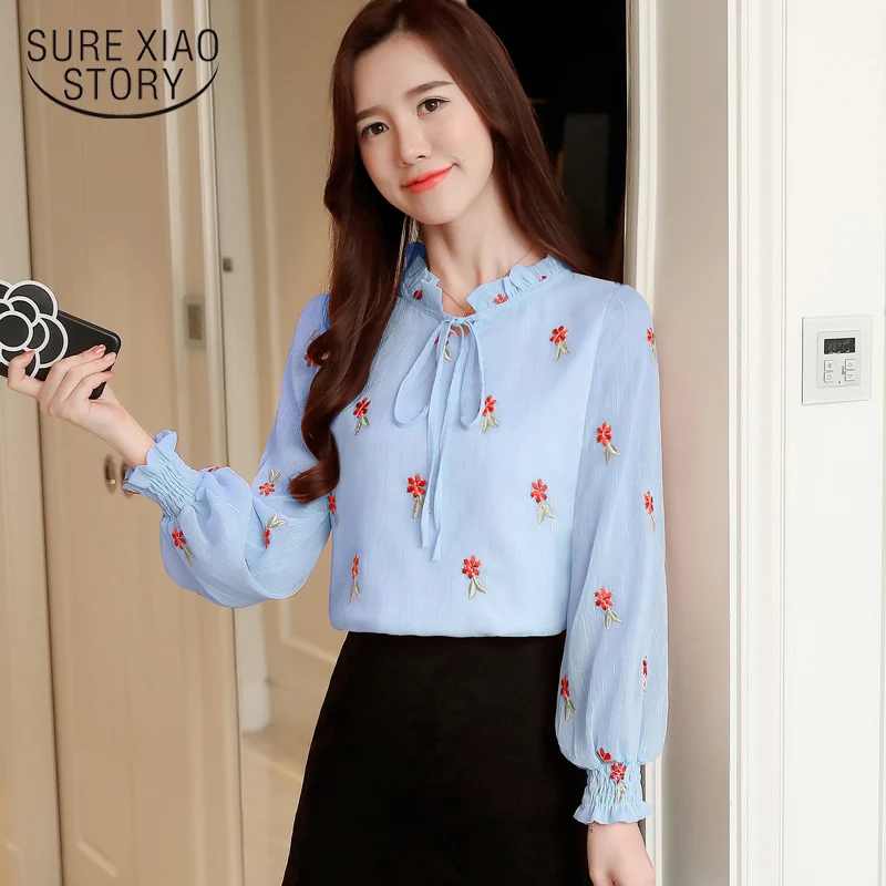 sweet floral embroidery chiffon blouse shirt fashion woman blouses 2019 long sleeve solid white pink top femlae blusa 0967 40 |