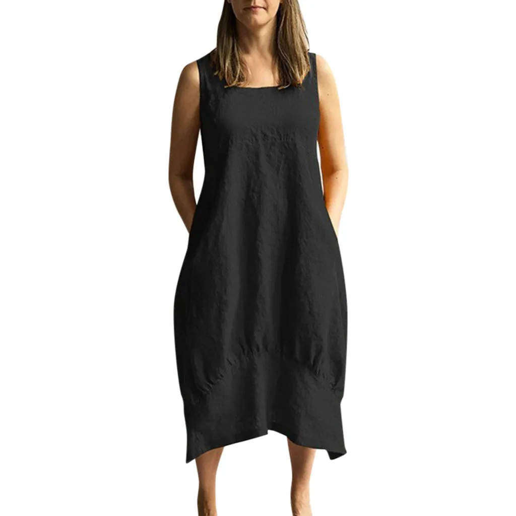 Women Dress Fashion Spring Summer Bohemian Cotton and Linen O-neckline Solid Dress Sleeveless Loose Pocket Mid-Calf Dress L430
Women Dress Fashion Spring Summer Bohemian Cotton and Linen O-neckline Solid Dress Sleeveless Loose Pocket Mid-Calf Dress L430