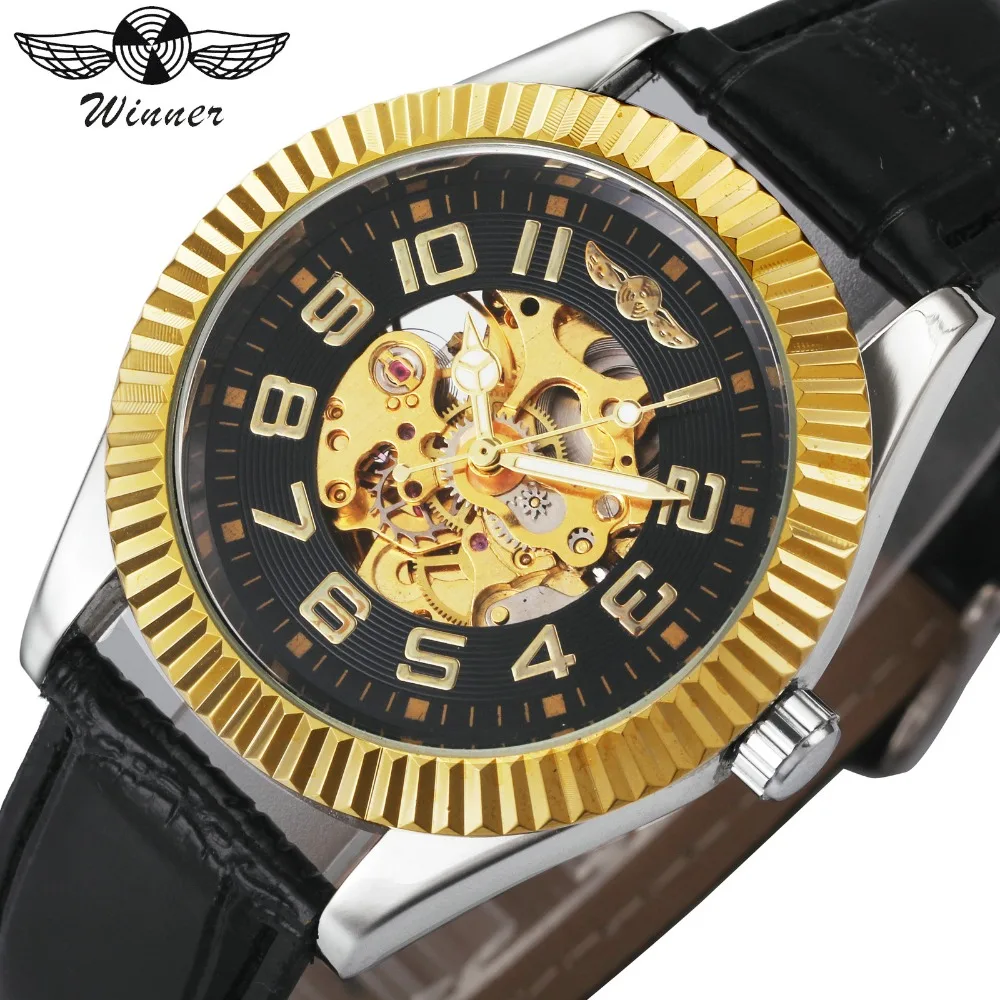 WINNER Top Brand Luxury Auto Mechanical Watch Men Leather Strap Skeleton Dial Golden Gear Bezel Fashion Business Wristwatches
WINNER Top Brand Luxury Auto Mechanical Watch Men Leather Strap Skeleton Dial Golden Gear Bezel Fashion Business Wristwatches