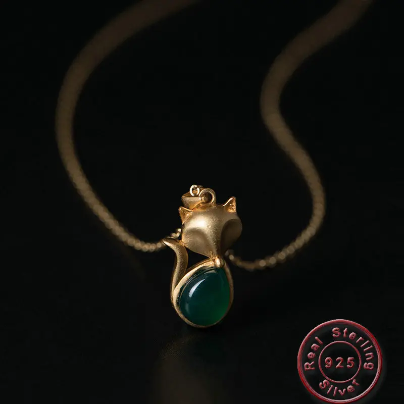 

Amxiu Handmade 925 Sterling Silver Necklace Green Chalcedony Fox Pendant Necklace Wedding Jewelry For Women Girls Accessories