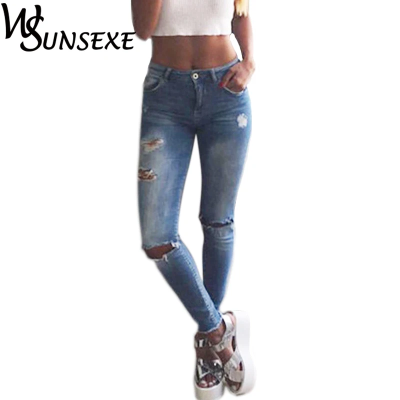 

Knees Hole Ripped Women's Pencil Jeans Low Rise Cotton Denim Distressed Washed Slim Fit Jeans Casual Skinny Long Trousers Cowboy