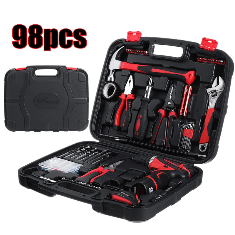 98 PCS Hand Tool Set Lithium electric drill General Household Hand Tool Kit with Plastic Toolbox Storage Case Socket Wrench ect
98 PCS Hand Tool Set Lithium electric drill General Household Hand Tool Kit with Plastic Toolbox Storage Case Socket Wrench ect