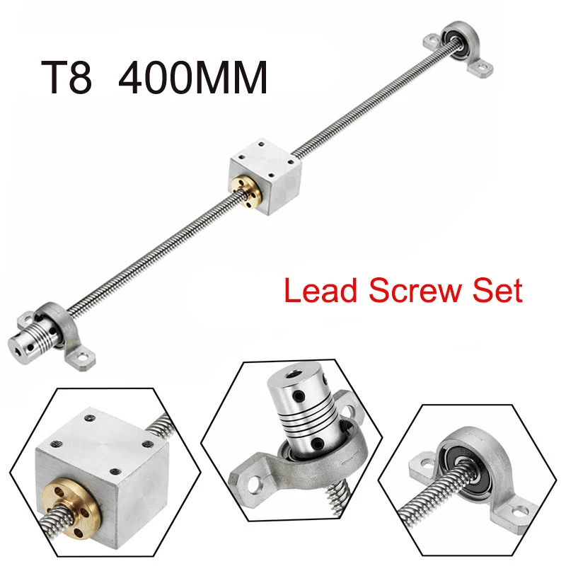 T8 400mm Lead Screw Set with Nut Housing Bracket Mounted Ball Bearing and Shaft Coupling
T8 400mm Lead Screw Set with Nut Housing Bracket Mounted Ball Bearing and Shaft Coupling