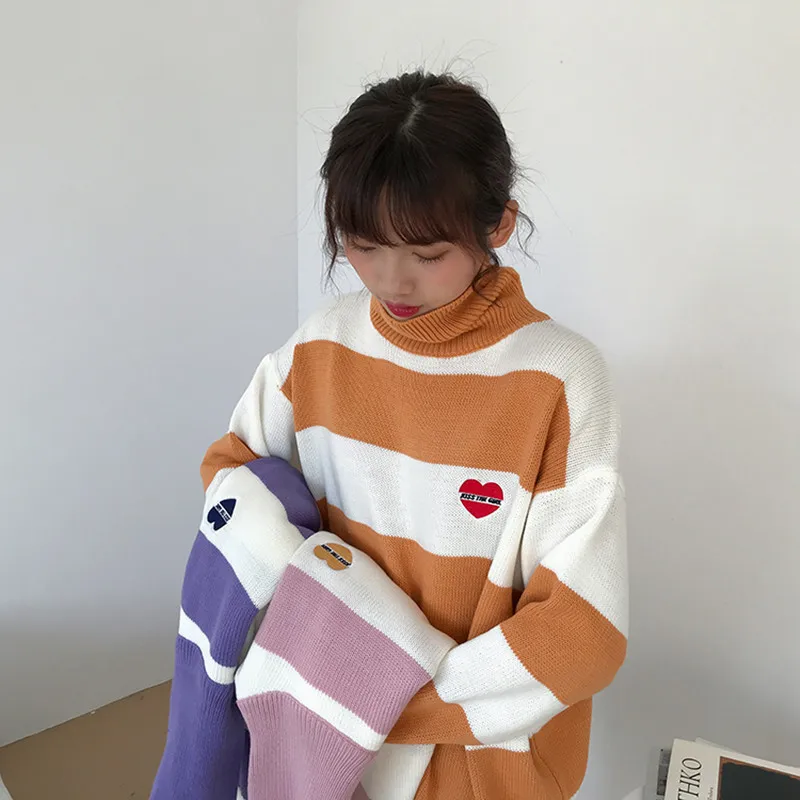 Фото 3 colors autumn and winter korean style candy color love stripe knitted turtleneck sweaters womens pullovers (F1348) | Женская одежда