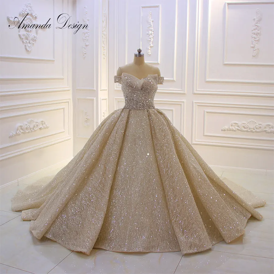 Amanda Design Top Quality Off Shoulder Pleated Champagne Shiny Luxury Wedding Dress
Amanda Design Top Quality Off Shoulder Pleated Champagne Shiny Luxury Wedding Dress