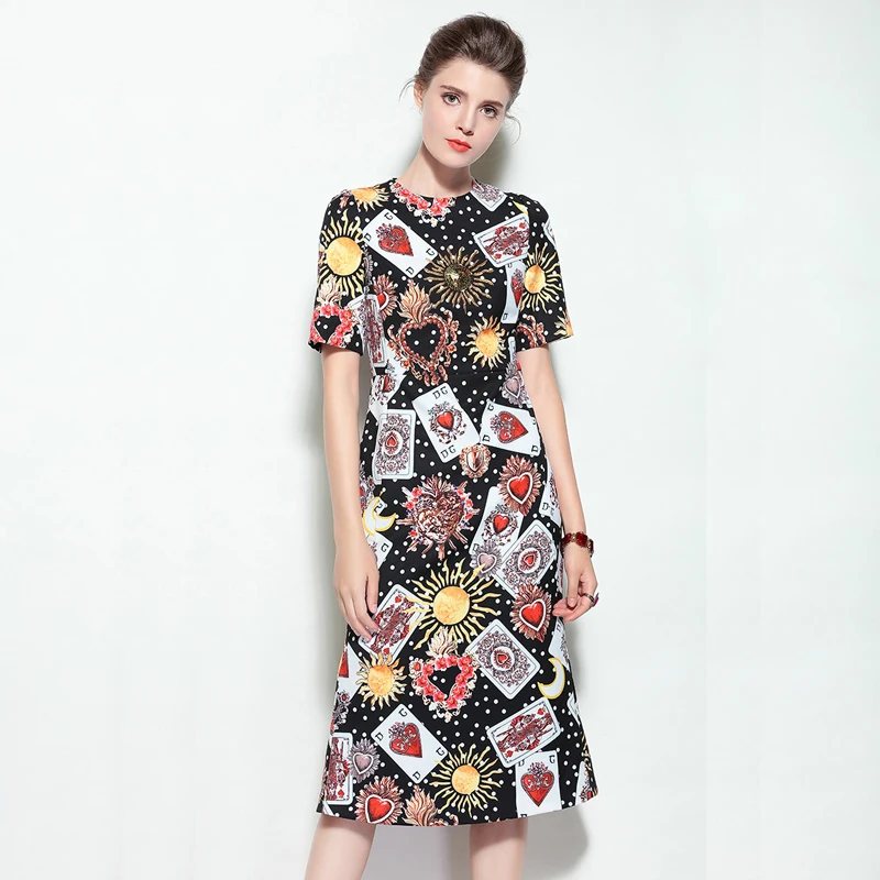 Customized Designer Runway Spring Summer Short Sleeves Dress Women's Elegant Printing Playing Cards Mid-Calf Dresses Vestito
Customized Designer Runway Spring Summer Short Sleeves Dress Women's Elegant Printing Playing Cards Mid-Calf Dresses Vestito
