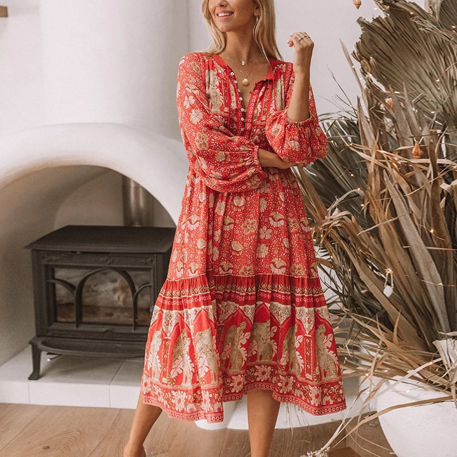 TEELYNN boho dress sexy V-neck long sleeve 2019 red floral print rayon women dresses loose Gypsy dresses beach wear chic vestido
TEELYNN boho dress sexy V-neck long sleeve 2019 red floral print rayon women dresses loose Gypsy dresses beach wear chic vestido