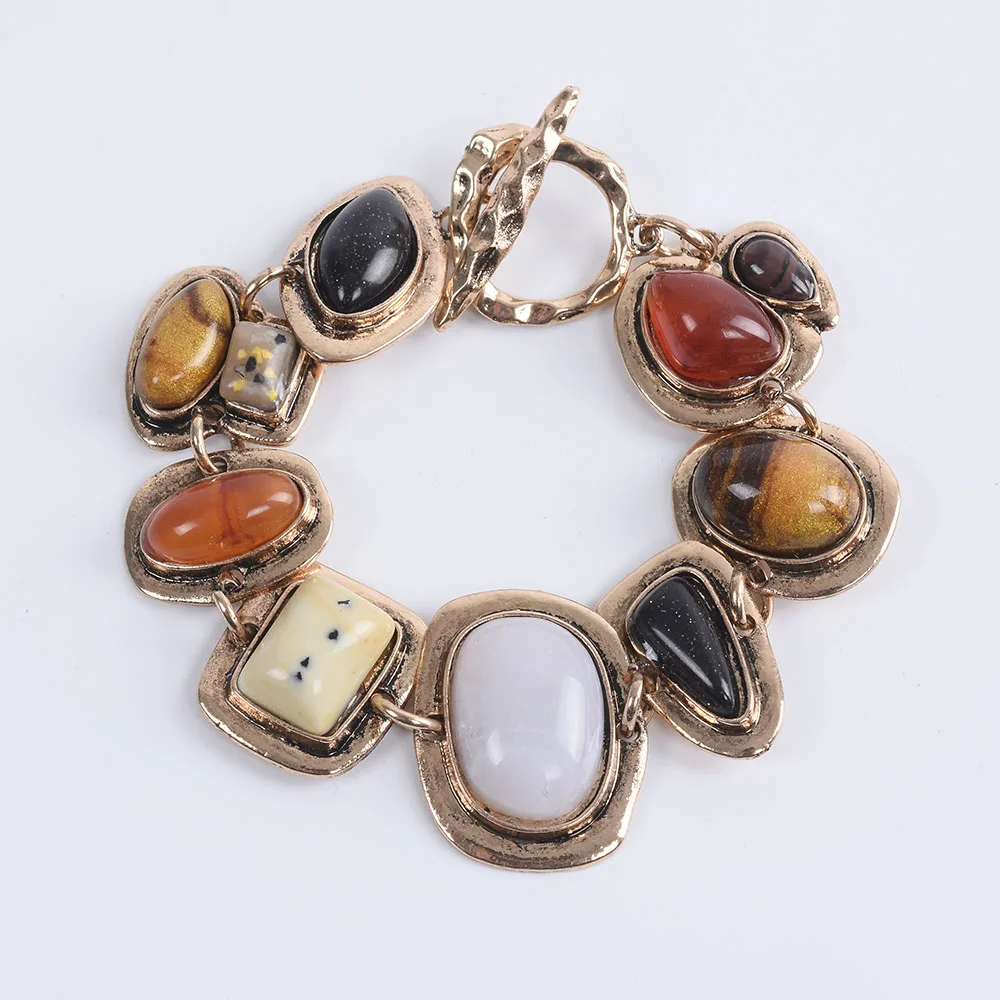 Bohemian Ethnic Bracelets Women's Za Jewelry Metal Hollow Link Resin Stone Female Vintage Charm For Women | Украшения и