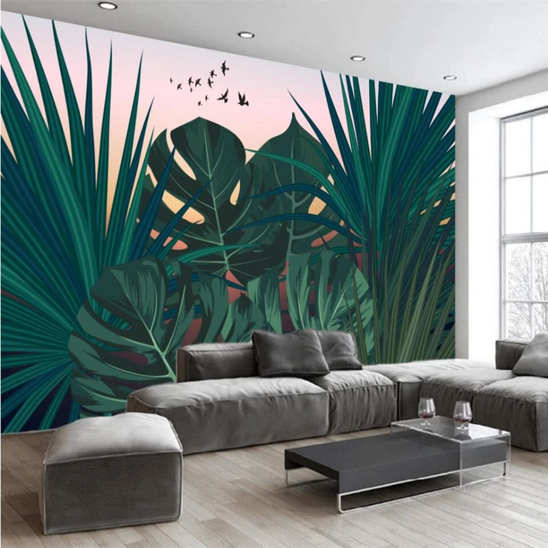 

beibehang Hand drawn vintage rainforest banana leaf flying bird backdrop Custom large mural green wallpaper papel de parede