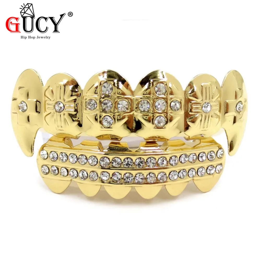 GUCY Gold Color Plated ICED OUT CZ Teeth GRILLZ Caps Cross Top & Bottom Tooth Caps Hip Hop Bling Grills Set Christmas Gift
GUCY Gold Color Plated ICED OUT CZ Teeth GRILLZ Caps Cross Top & Bottom Tooth Caps Hip Hop Bling Grills Set Christmas Gift