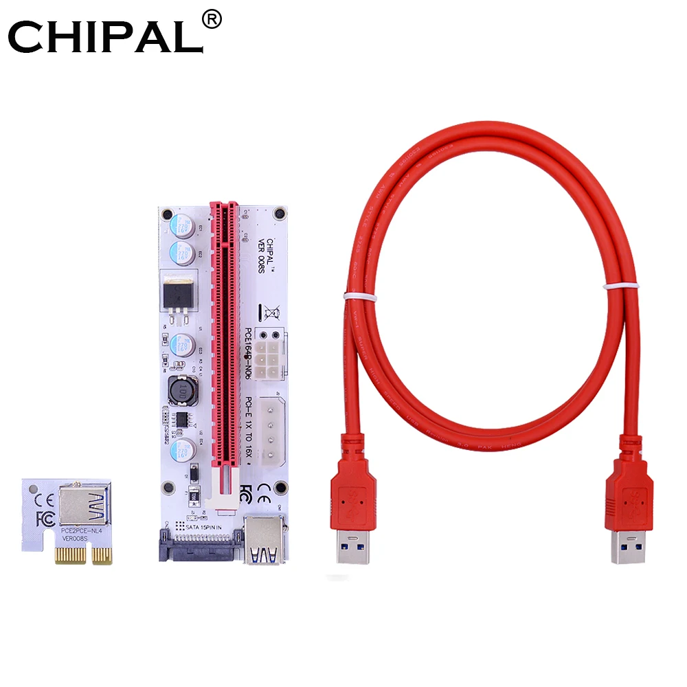 CHIPAL VER008S 100CM PCI-E Riser Card 008 PCI Express 1X to 16X Extender with 4pin 6pin SATA Molex Power for ETH BTC LTC Mining
CHIPAL VER008S 100CM PCI-E Riser Card 008 PCI Express 1X to 16X Extender with 4pin 6pin SATA Molex Power for ETH BTC LTC Mining
