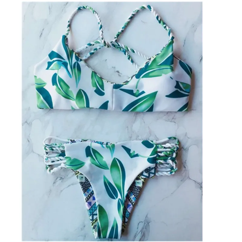 Hot Lace Up Bikini Flexible Double Sided Green Printed Mutil Rope Two